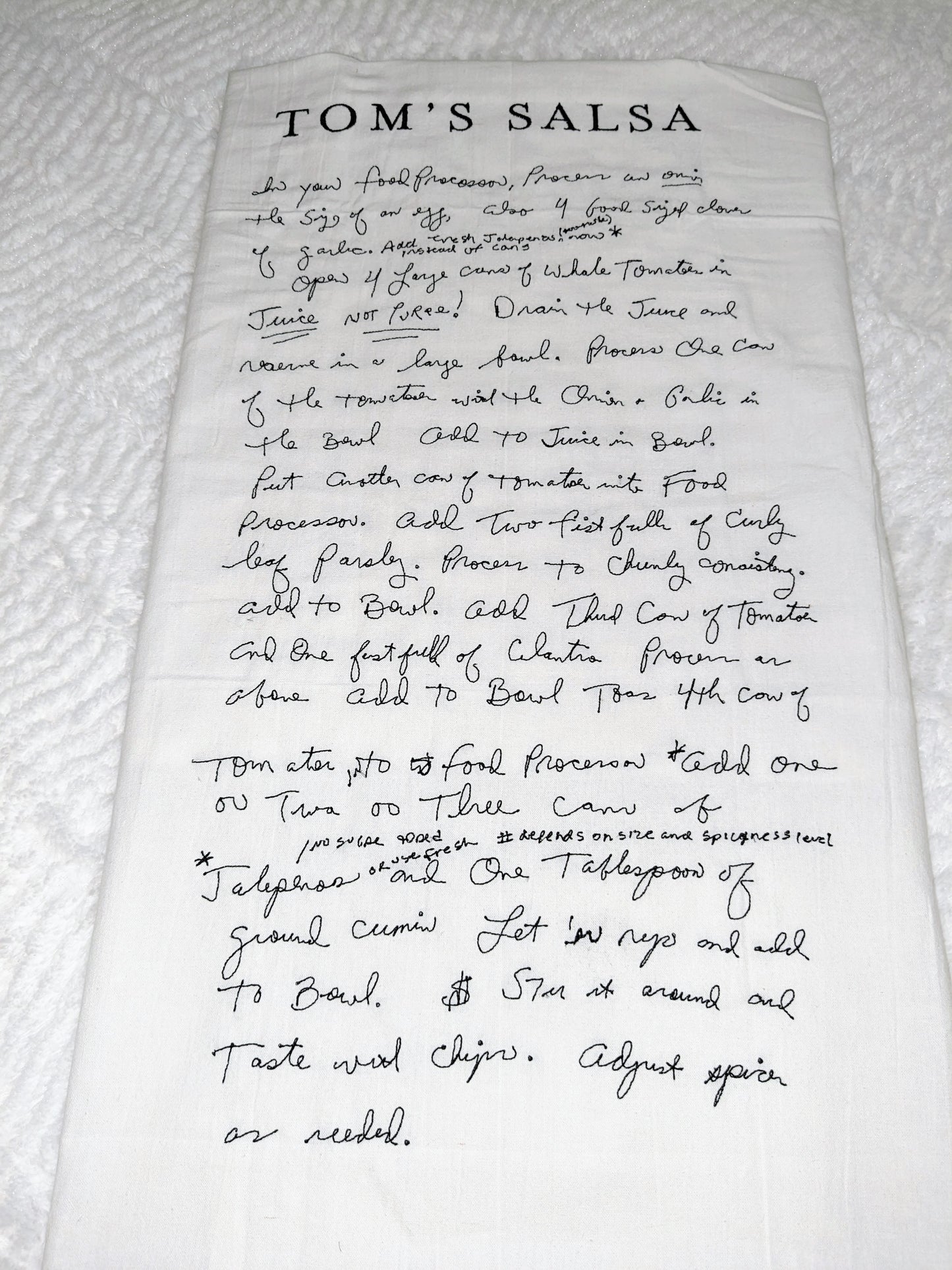 Family recipe embroidered on a premium cotton tea towel
