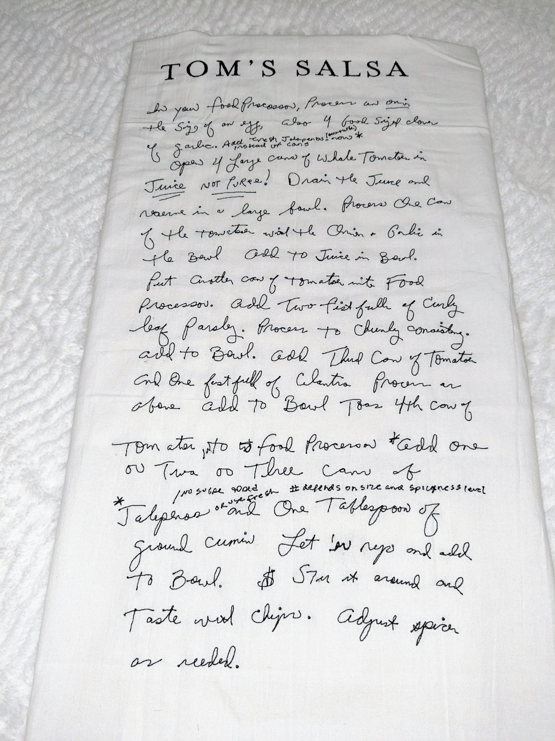 Family recipe embroidered on a premium cotton tea towel