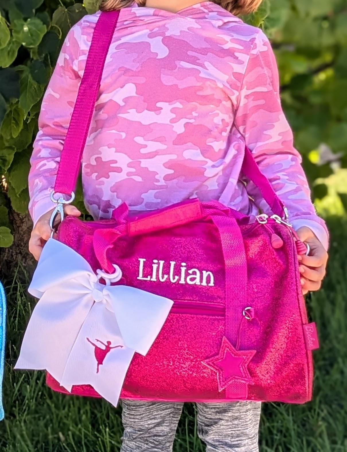Personalized Kids Sparkle Duffle Bag — Embroidered Name & Sport Bow