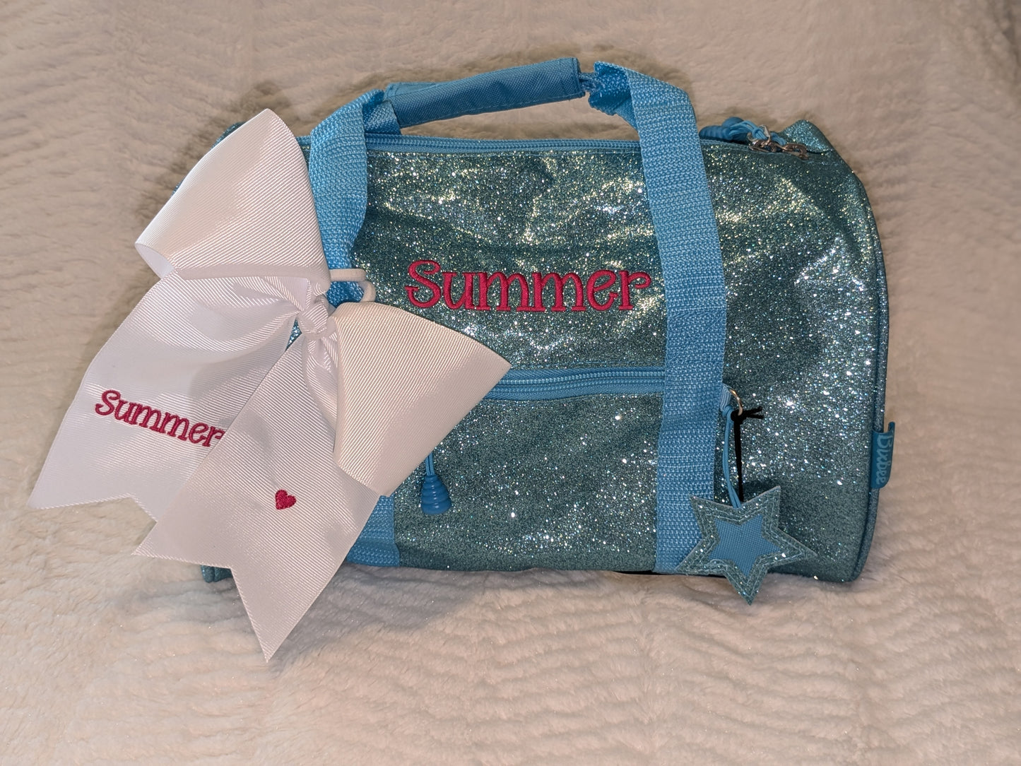 Personalized Kids Sparkle Duffle Bag — Embroidered Name & Sport Bow