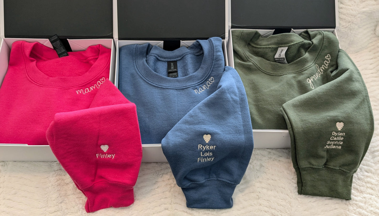 Grandma chain stitch collar sweatshirt with kids names on the sleeve