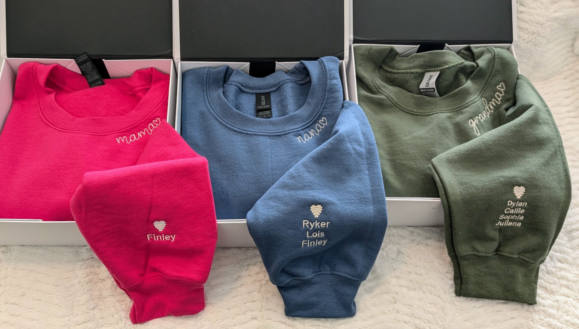 Grandma chain stitch collar sweatshirt with kids names on the sleeve