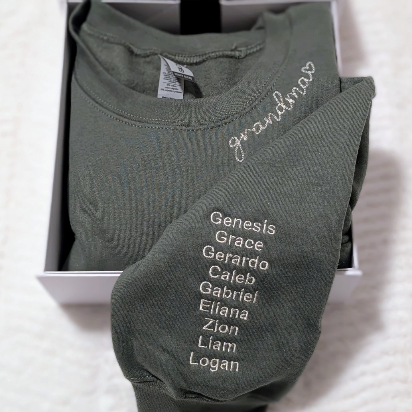 Grandma chain stitch collar design on a cozy hooded sweatshirt