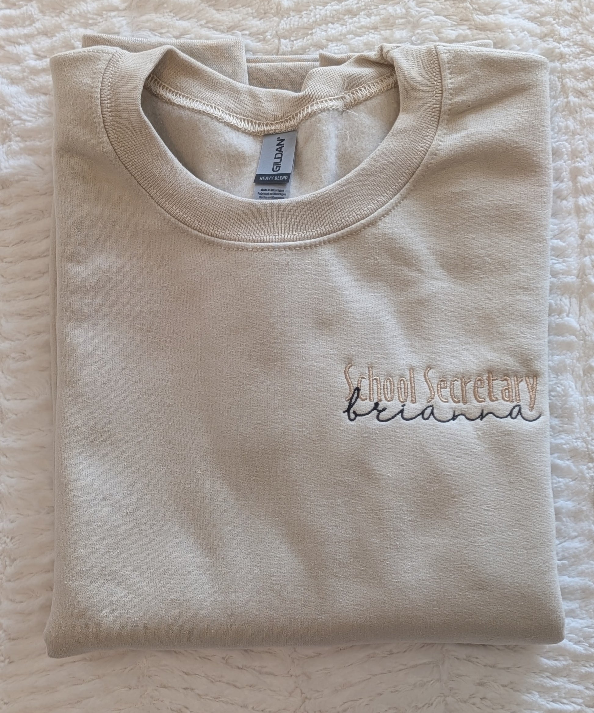 Custom occupation crewneck with title in block letters and name below