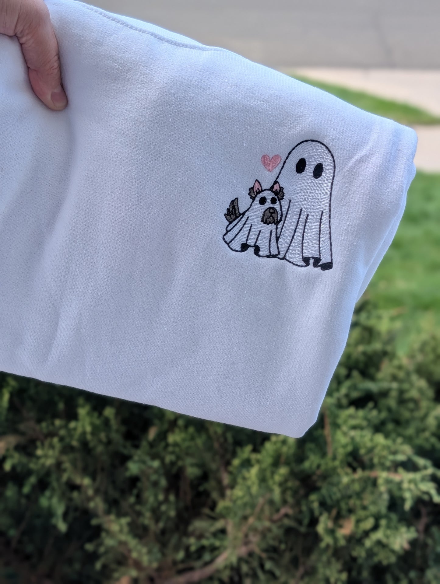 Dog ghost with regular ghost embroidered on sweatshirt