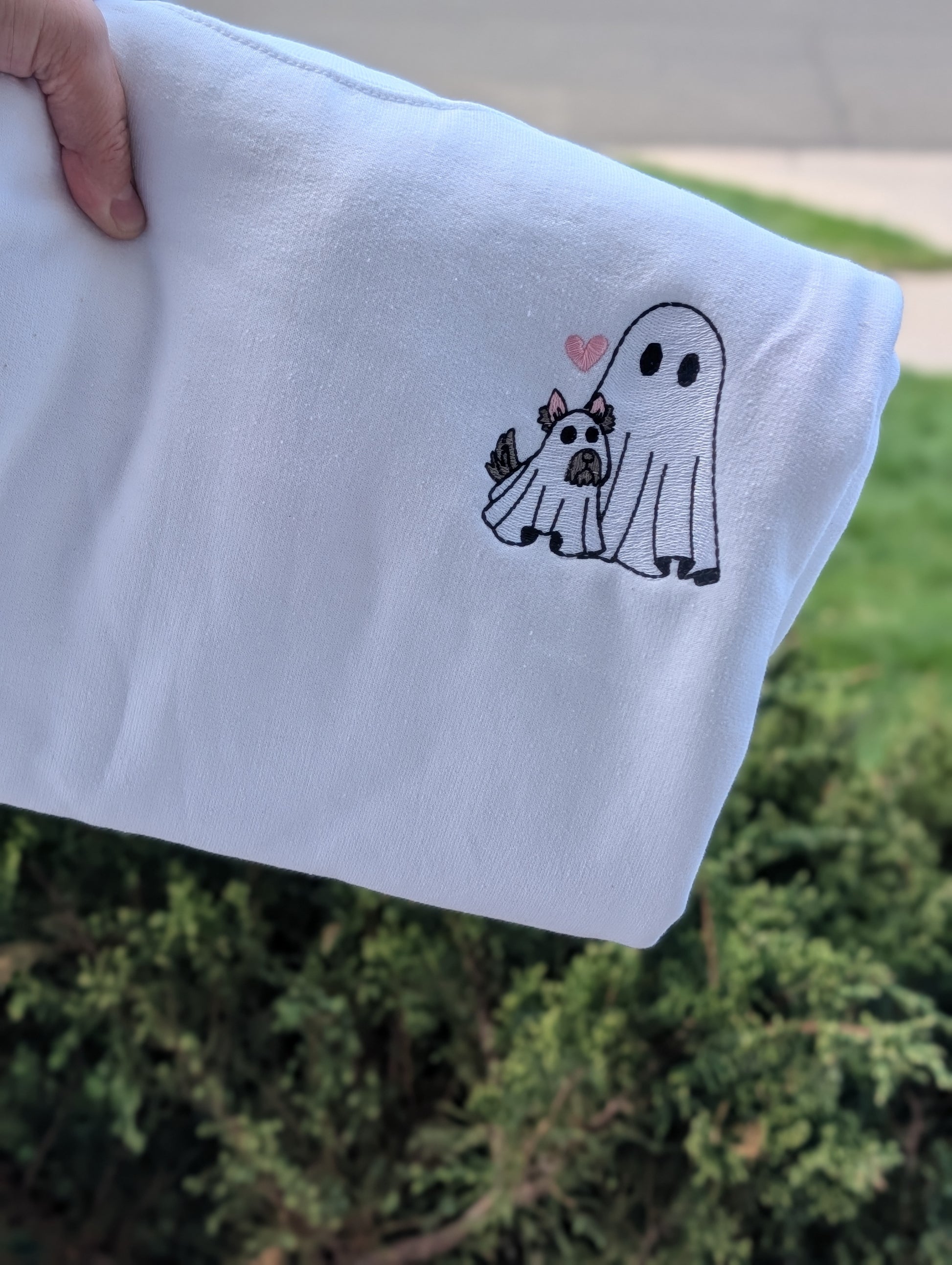 Dog ghost with regular ghost embroidered on sweatshirt