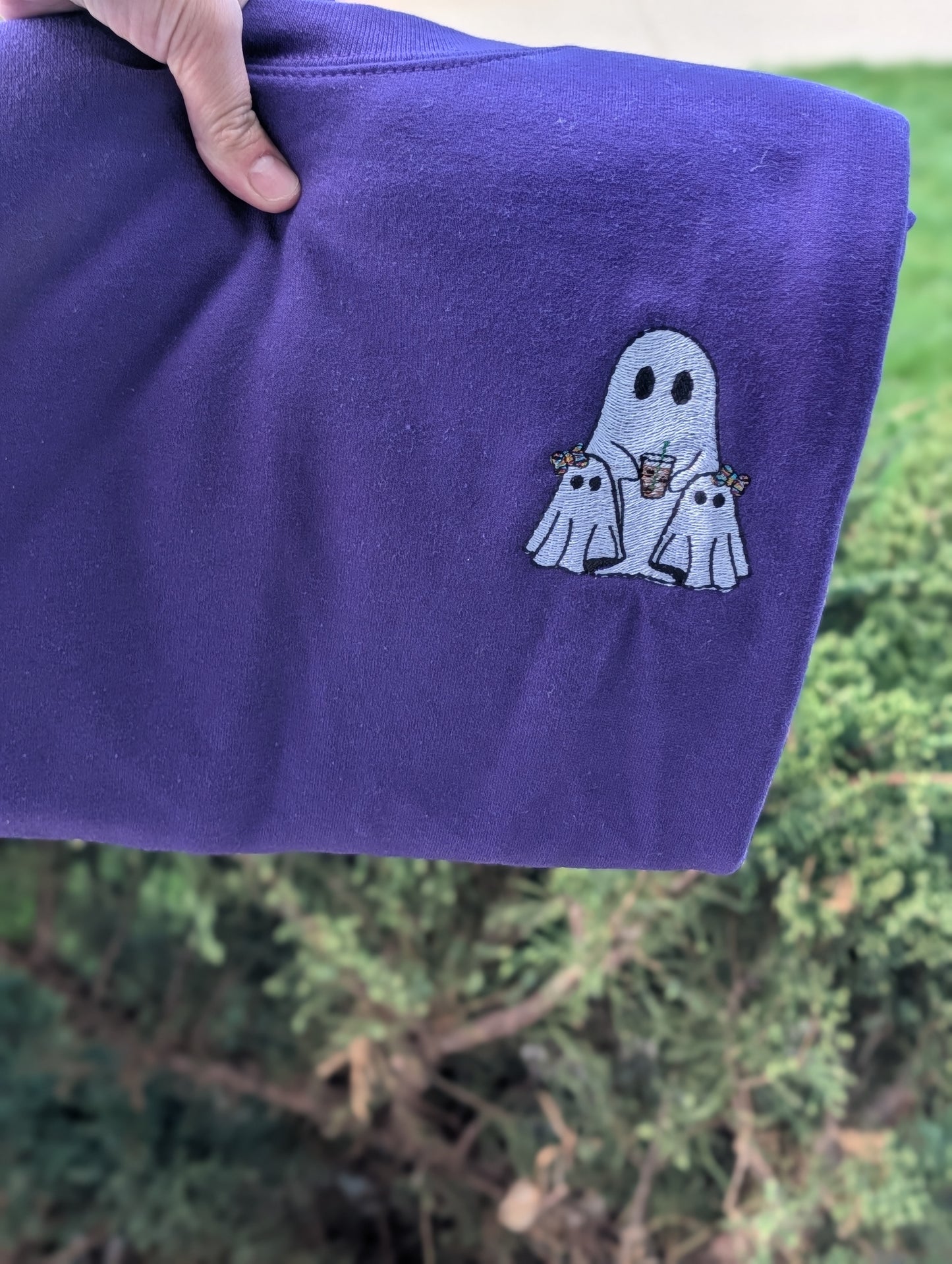 Two little girl ghosts with mom and iced coffee embroidered on sweatshirt