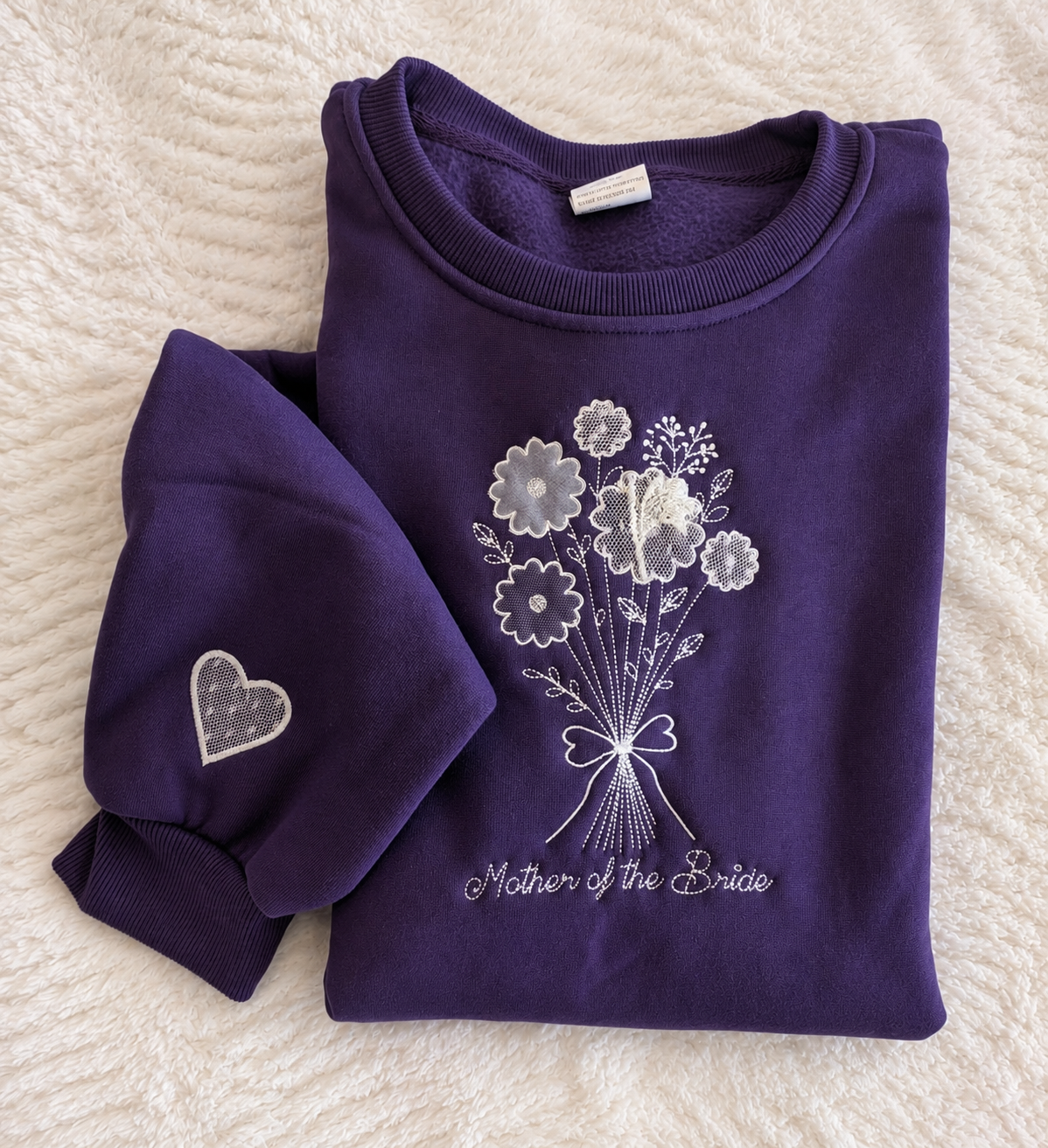 Mother of the bride sweatshirt with bouquet appliqued from a wedding dress