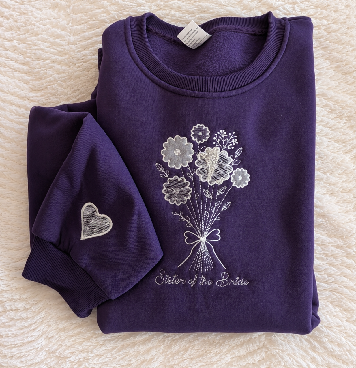 Sister of the bride sweatshirt with wedding dress fabric bouquet