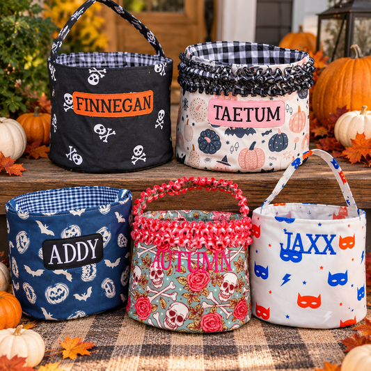 Halloween baskets in different styles on front porch