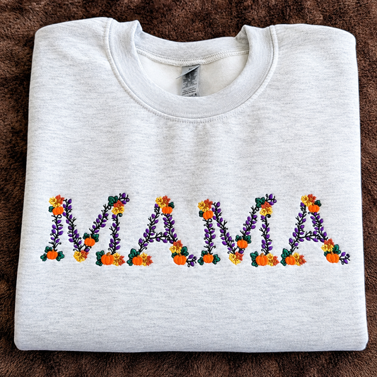 embroidered MAMA on sweatshirt made from pumpkins, florals and leaves in a fall style